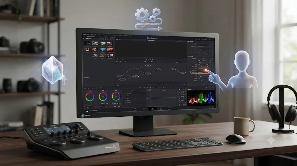 Illustration of several distinct AI tool icons around a DaVinci Resolve interface, each representing a different category of assistance