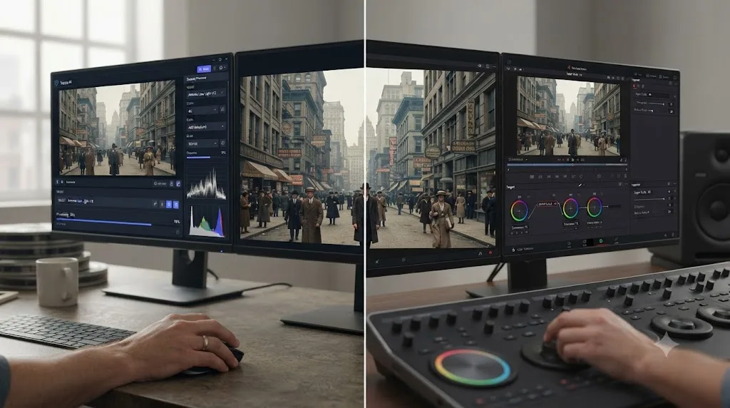 Illustration of two upscaling workflows side by side, one showing a standalone AI model interface and one showing DaVinci Resolve's Color page, both sharpening a soft low-resolution frame