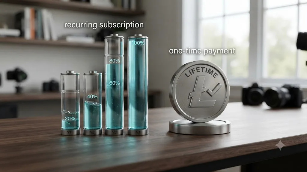 Illustration comparing Topaz Video AI's recurring subscription pricing to DaVinci Resolve's one-time Studio purchase