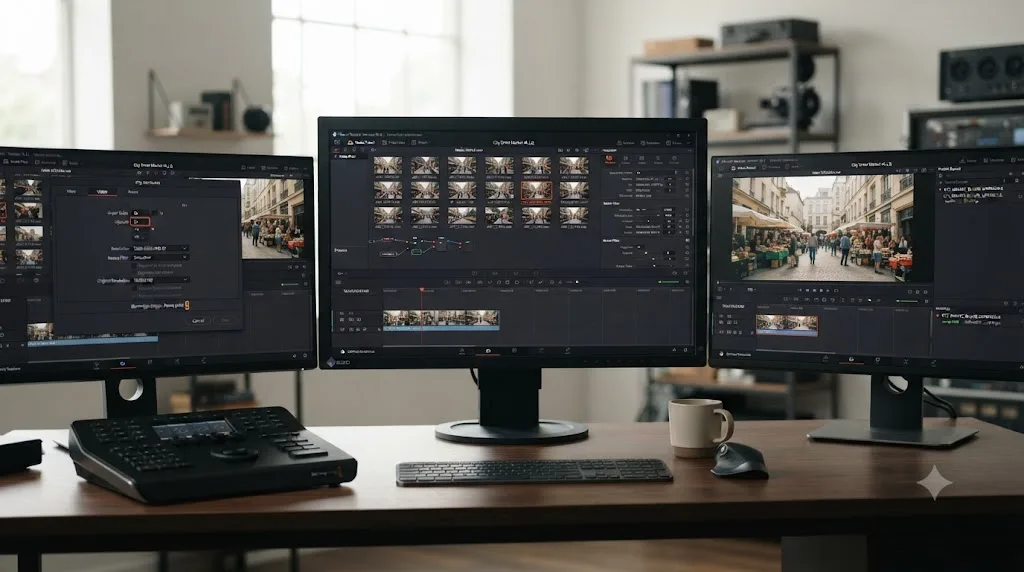 Illustration of the DaVinci Resolve Super Scale workflow from clip selection to a rendered upscaled frame