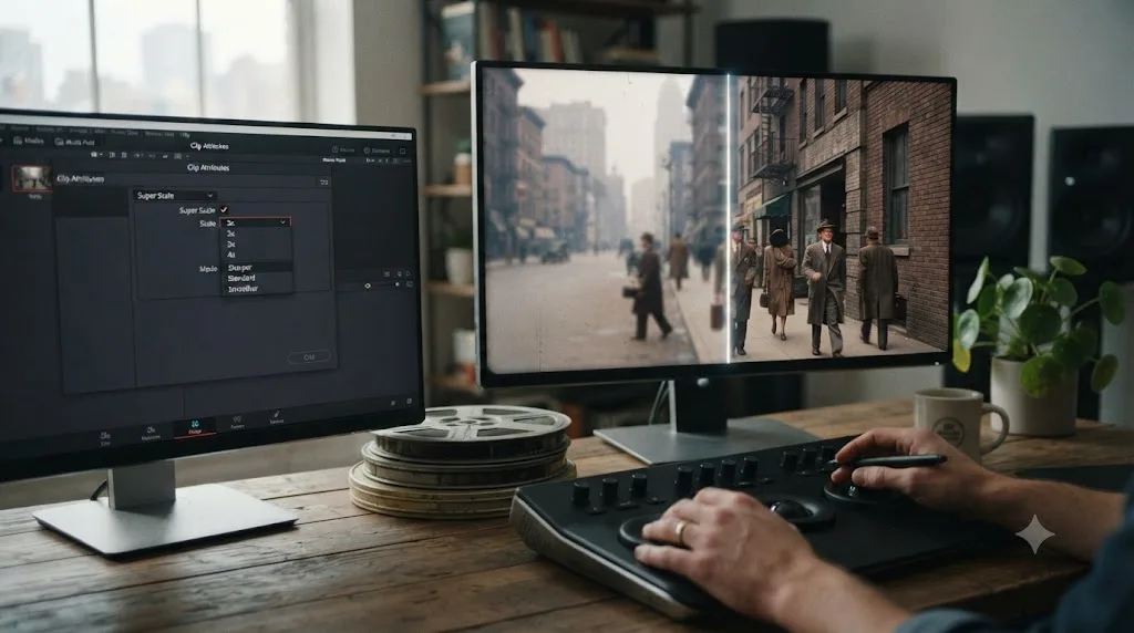 Illustration of DaVinci Resolve's Clip Attributes panel showing Super Scale's scale factor and mode options next to a before-and-after frame comparison