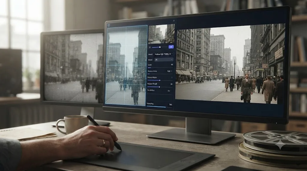 Illustration of grainy archival footage being processed through an AI enhancement model into a sharper widescreen frame