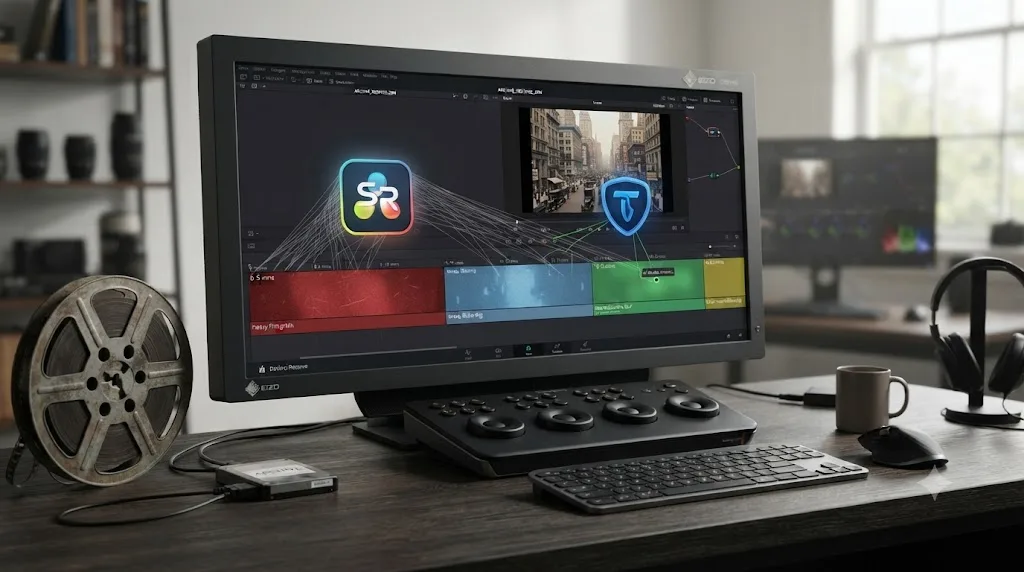 Illustration of an archival video timeline split into segments, each routed toward either DaVinci Resolve's Super Scale or a specific Topaz Video AI model based on the damage present