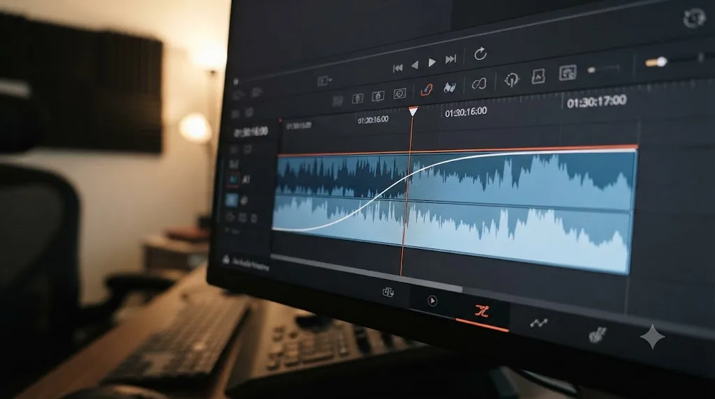 Illustration of an audio waveform with a crossfade curve between two clips
