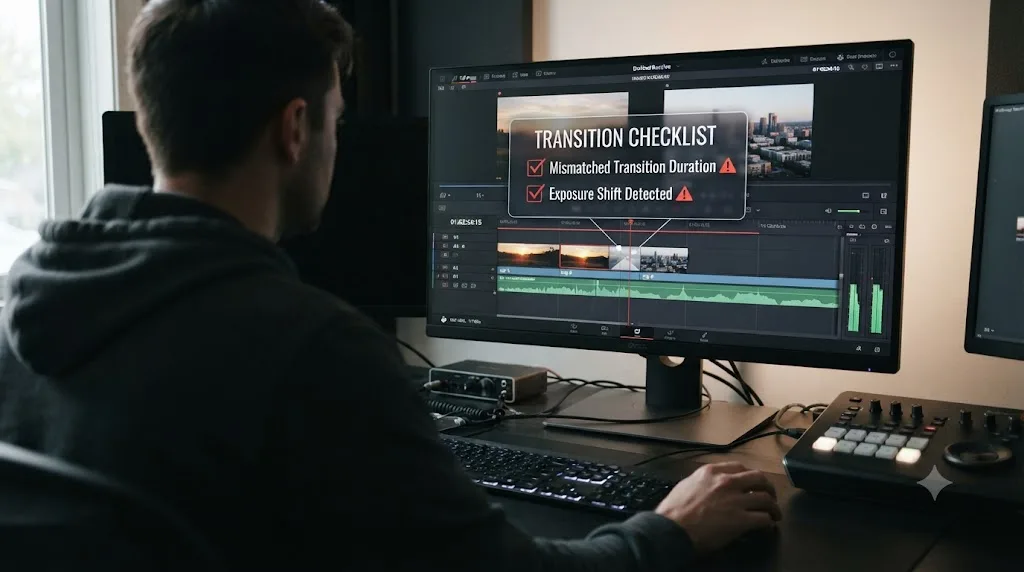 Illustration of a checklist overlay on a video timeline highlighting common transition mistakes