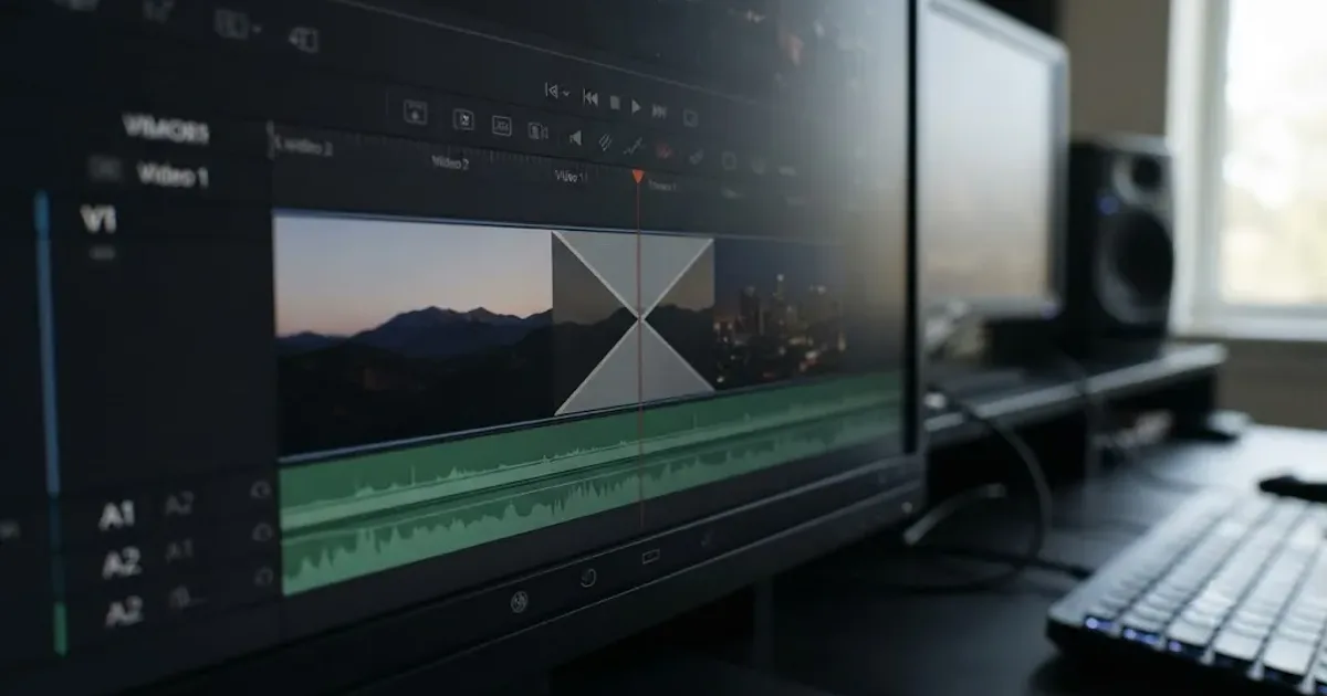 Illustration of a DaVinci Resolve timeline with a transition blending two clips together