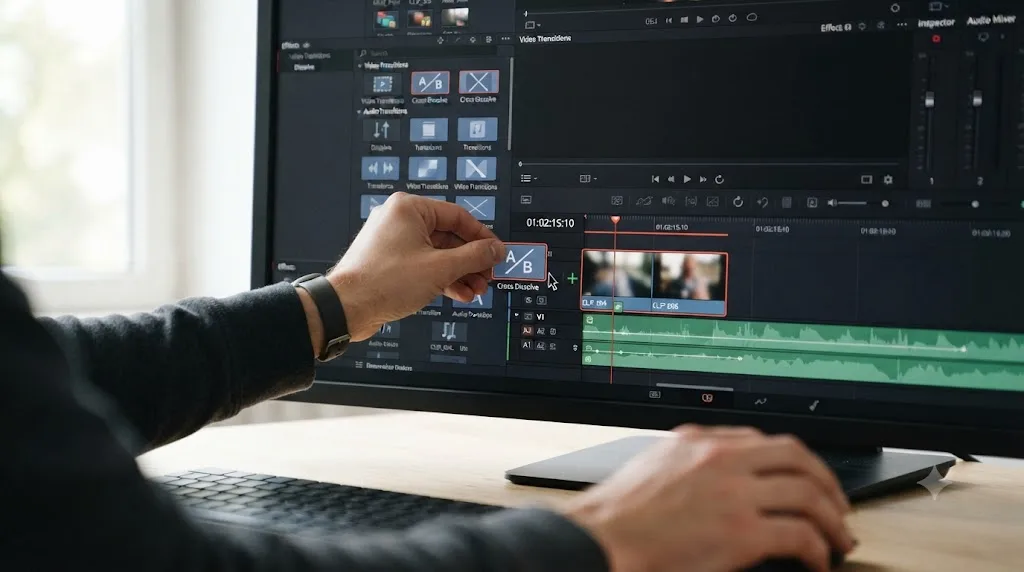 Illustration of dragging a transition icon from an effects panel onto a video timeline