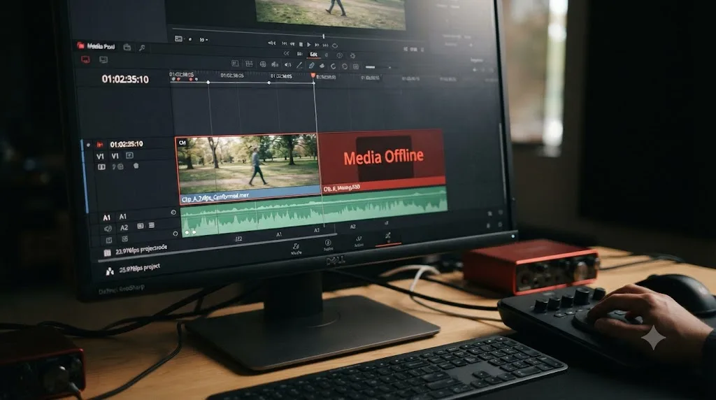 Illustration of a video timeline with one clip conformed to a different frame rate and another flagged as offline media