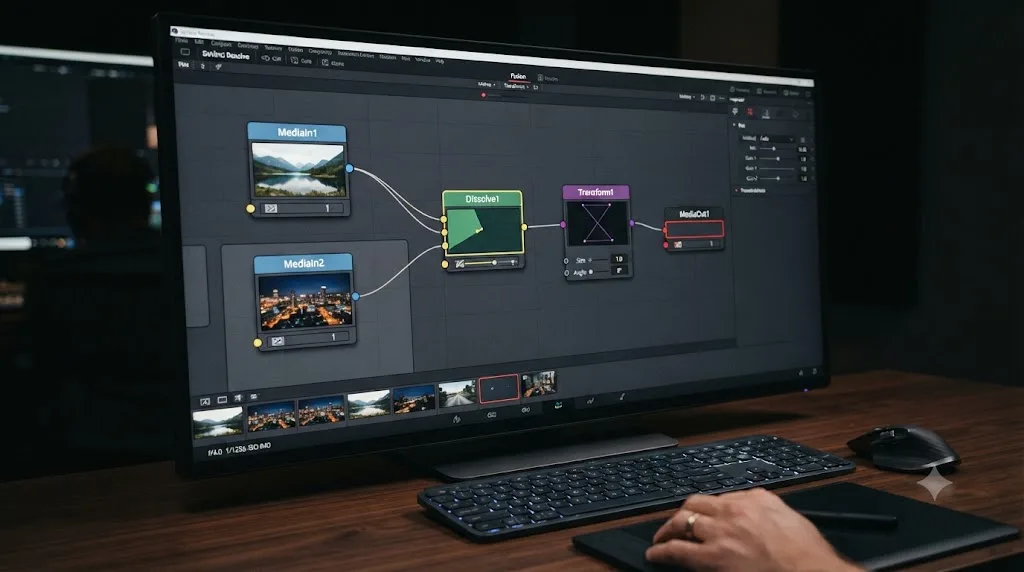Illustration of a node-based compositing graph representing a custom video transition