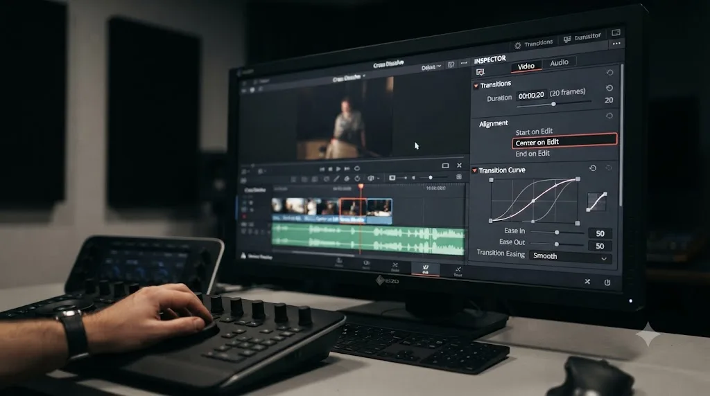 Illustration of a video editing inspector panel showing transition duration and easing controls