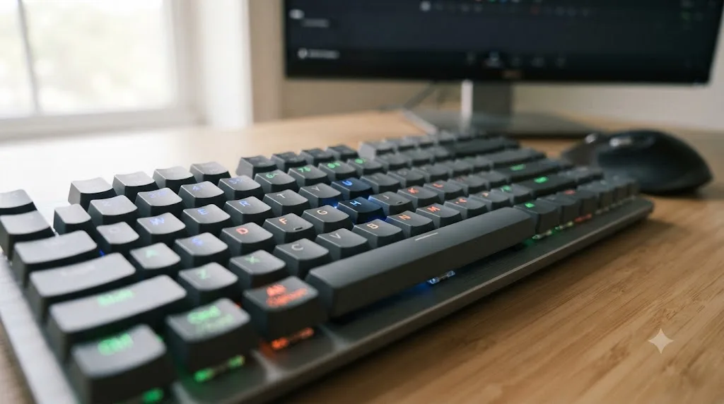 Illustration of a keyboard with transition-related shortcut keys highlighted in color