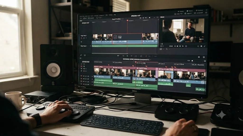 Illustration of a compound clip on a parent timeline next to its own nested timeline of multicam angle cuts