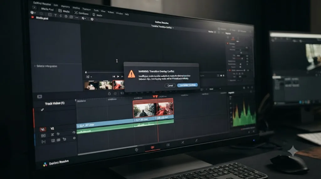 Illustration of a warning dialog appearing over a video editing timeline with overlapping clips