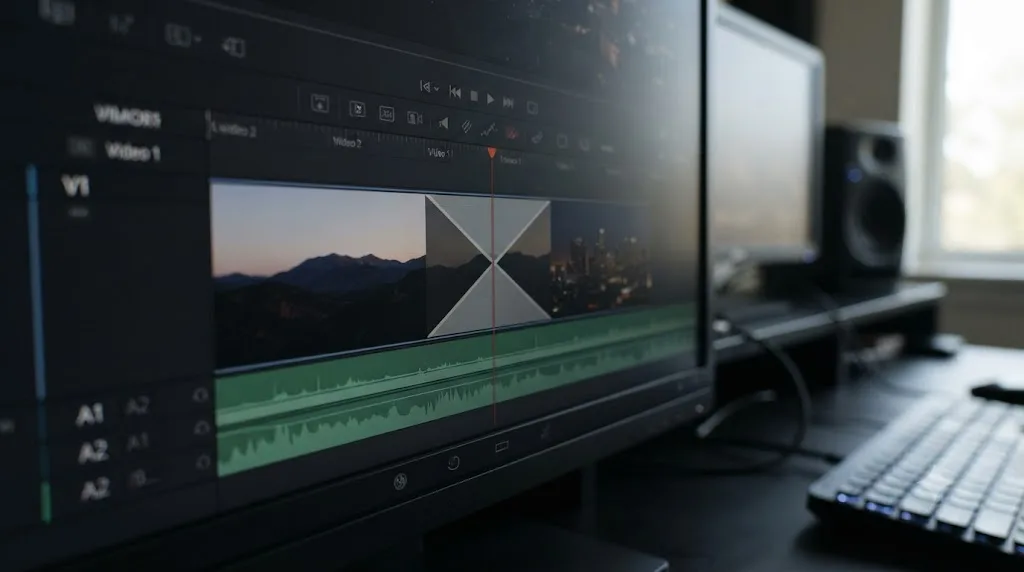 Illustration of a DaVinci Resolve timeline with a transition blending two clips together