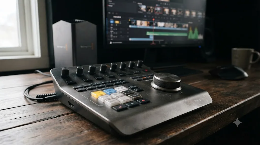Illustration of a dedicated video editing keyboard controller with physical transition buttons