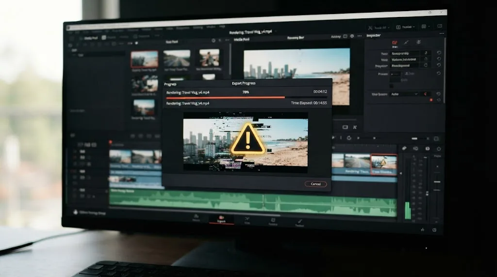 Illustration of a video export progress bar with a caution icon over a transition thumbnail