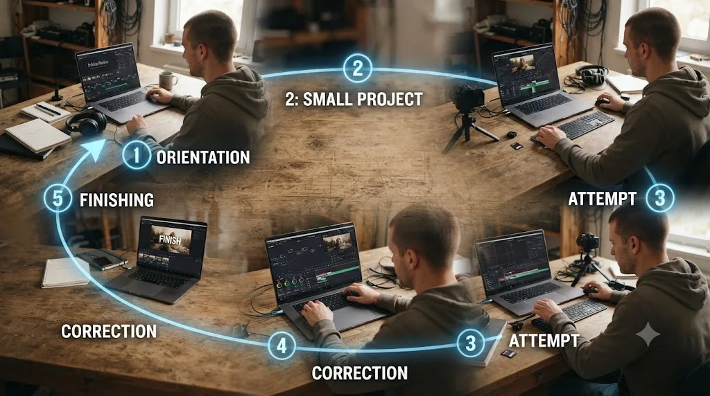 Illustration of a five-step loop showing orientation, small project, attempt, correction, and finishing for a beginner