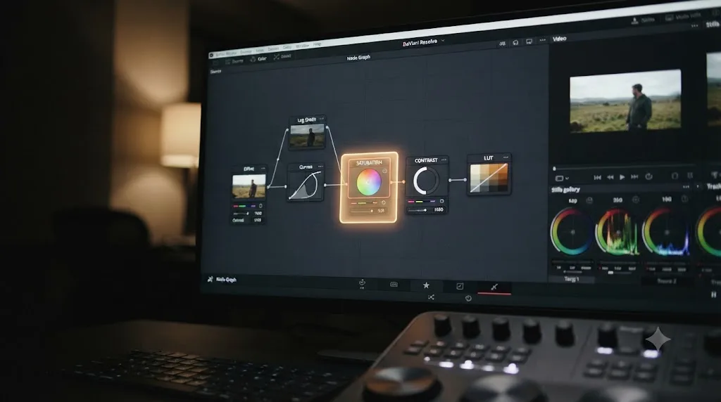 Illustration of a glowing box highlighting a misordered node in a DaVinci Resolve color grading node tree