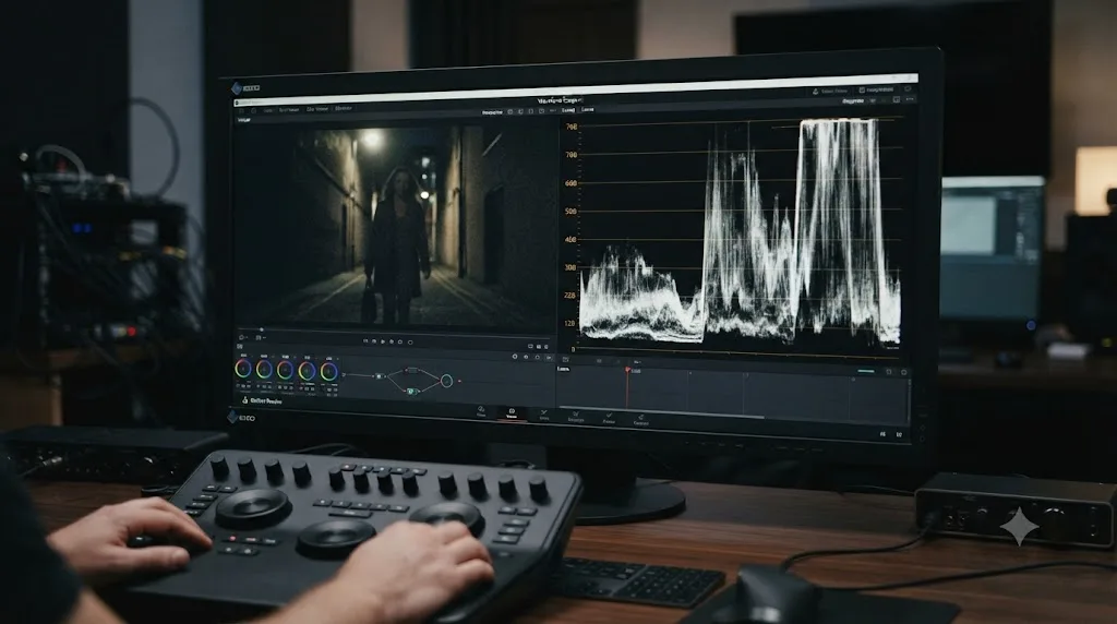 Illustration contrasting a color grade that looks fine on screen with a waveform scope revealing a real exposure problem