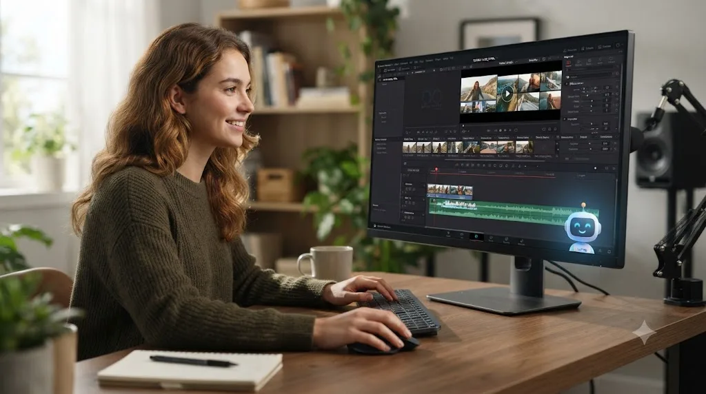 Illustration of a beginner confidently working inside DaVinci Resolve with an AI tutor icon visible in the corner