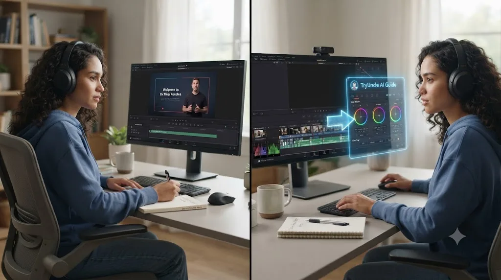 Illustration of a beginner watching a short orientation video on one side and practicing with an AI tutor on the other