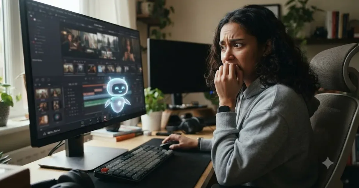 Illustration of a nervous beginner looking at DaVinci Resolve's four-page layout while a small AI tutor character points at a control