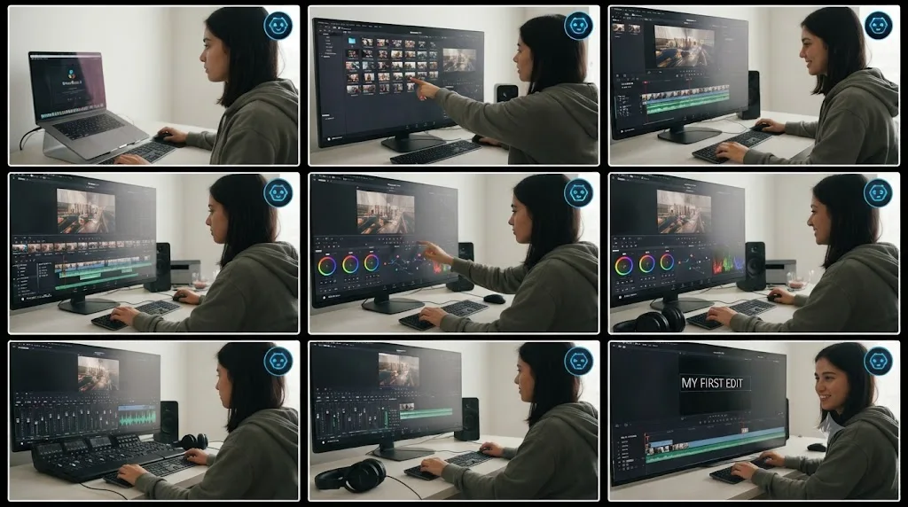 Illustration of a six-panel storyboard showing a beginner's first session in DaVinci Resolve with an AI tutor present throughout