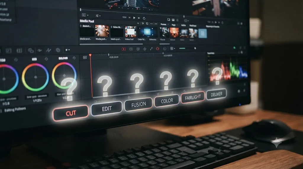 Illustration of DaVinci Resolve's six page tabs each marked with a question mark representing beginner confusion