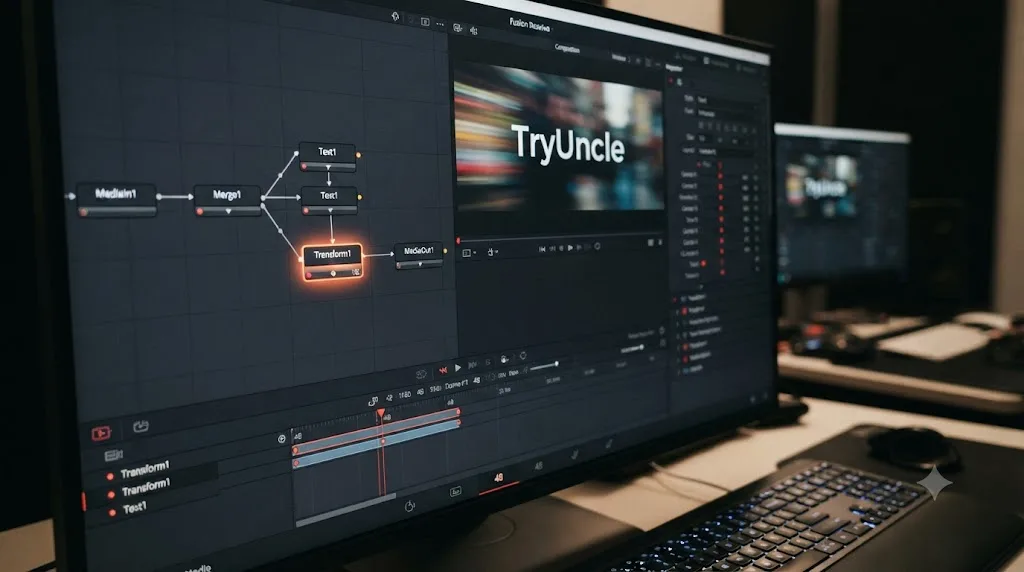 Illustration of a Fusion node graph with a highlighted Transform node animating text sliding in with keyframes
