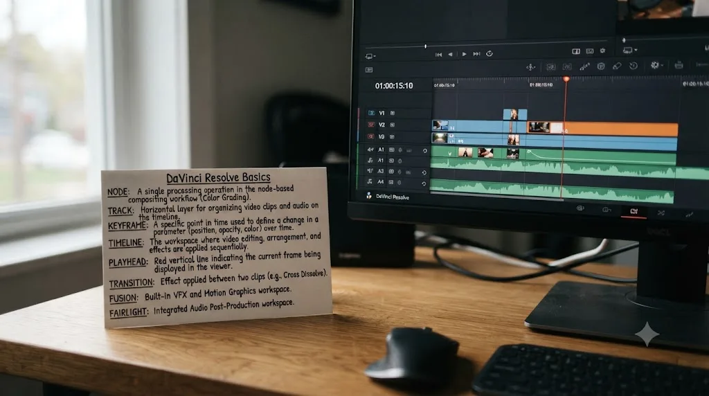 Illustration of a small reference card listing DaVinci Resolve beginner terms next to an open editing timeline