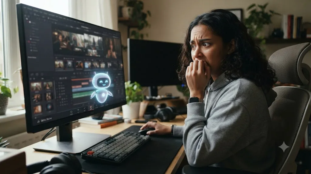 Illustration of a nervous beginner looking at DaVinci Resolve's page tabs while a small AI tutor character points at one