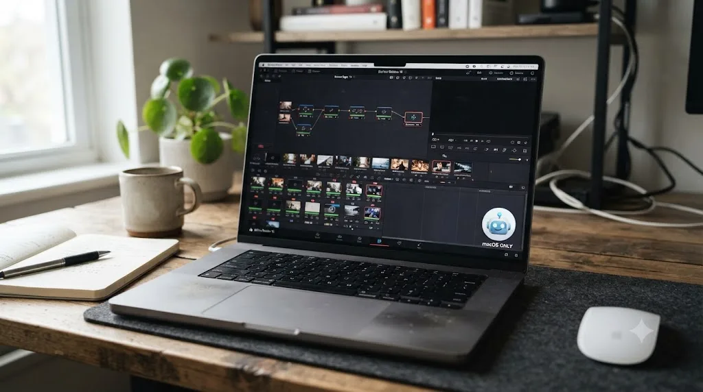 Illustration of a MacBook displaying DaVinci Resolve with a small AI tutor icon and a macOS-only indicator