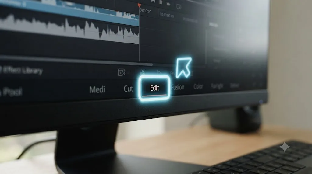 Illustration of a glowing box circling the Edit page tab at the bottom of a DaVinci Resolve interface