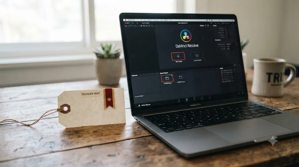 Illustration of a pricing tag with a founder seat ribbon next to a laptop running DaVinci Resolve for the first time