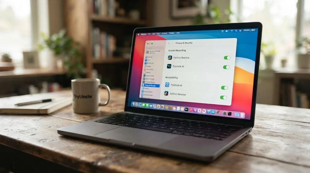 Illustration of a MacBook showing macOS permission toggles next to AI tutor and DaVinci Resolve icons