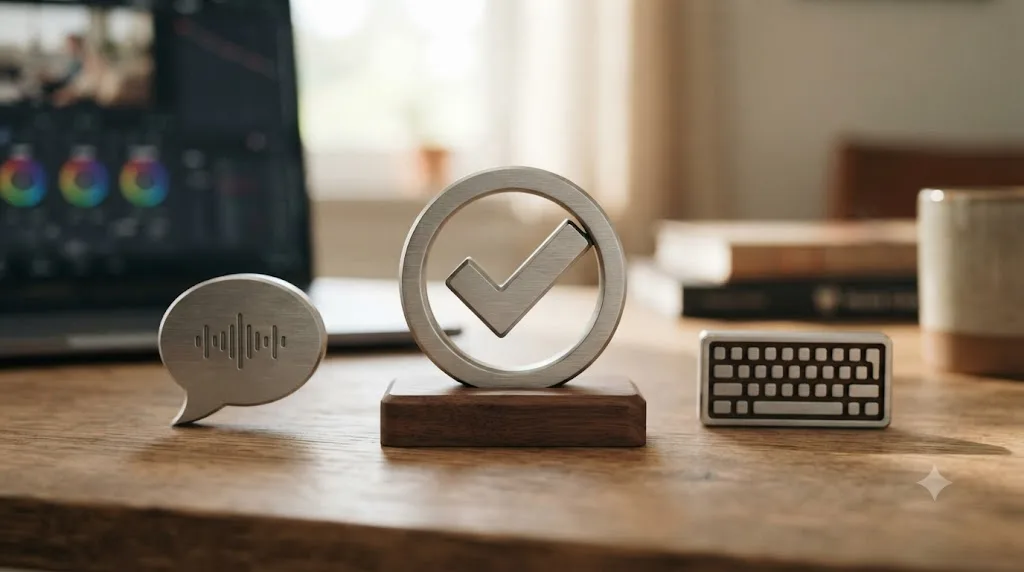 Illustration of three icons for talking, checking, and typing, with the check icon emphasized for beginners