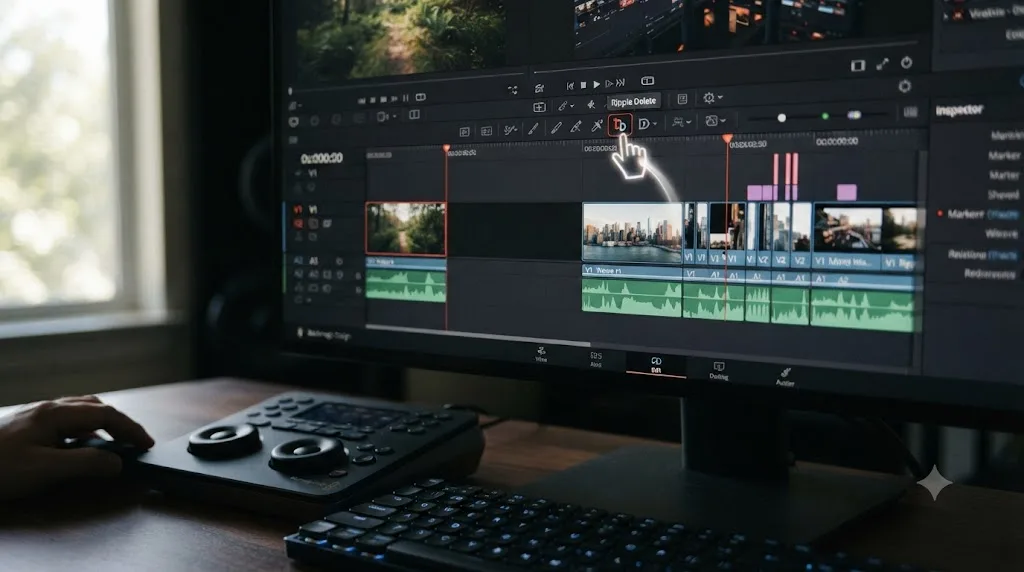 Illustration of a DaVinci Resolve timeline with a gap after a deletion, with a cursor pointing at the ripple delete icon