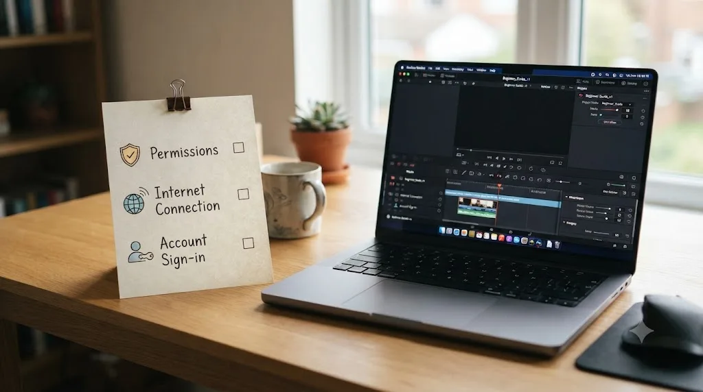 Illustration of a checklist with icons for permissions, internet, and sign-in next to a MacBook running DaVinci Resolve