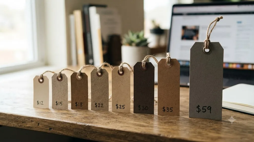 Illustration of several price tags of different heights representing course platforms next to a tag representing an AI tutor