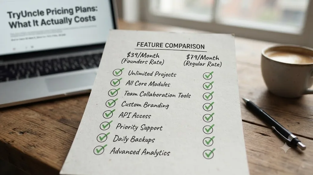 Illustration of a checklist showing identical included features next to two different pricing tags