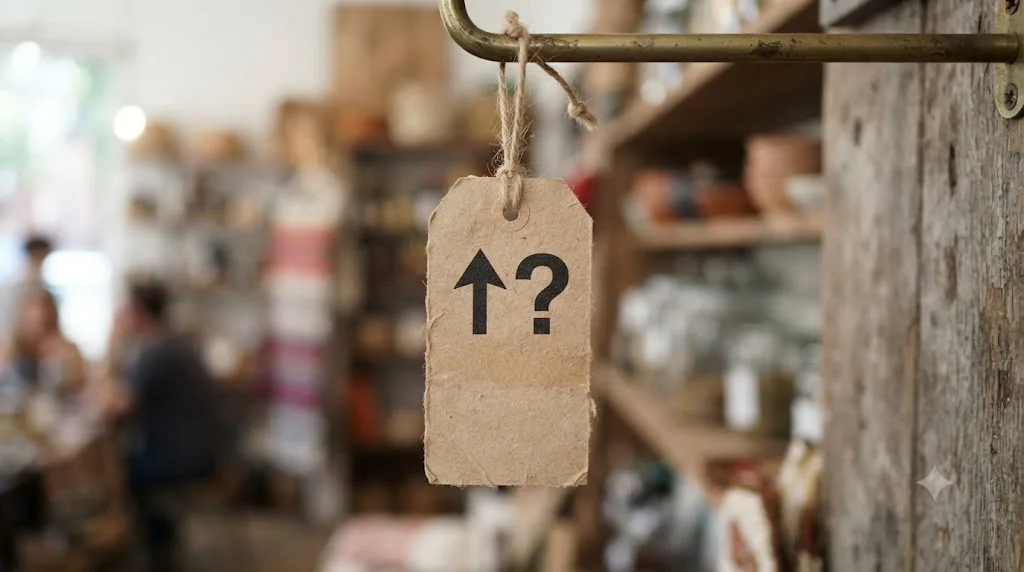 Illustration of a price tag with an upward arrow next to a question mark representing future pricing uncertainty