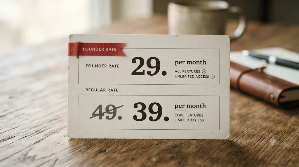 Illustration of a two-row pricing card comparing a founder rate and a regular rate