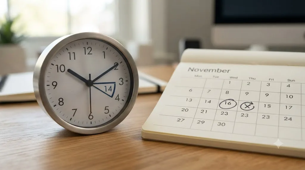 Illustration of a clock marking a 14-day refund window next to a calendar showing a cancel-anytime icon