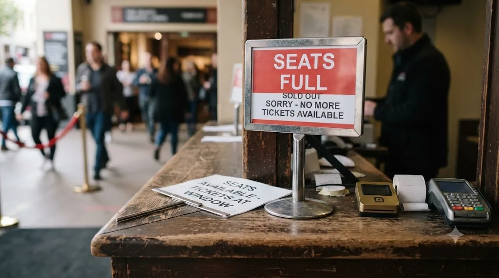 Illustration of a seats-full sign replacing an available seats sign on a small pricing counter