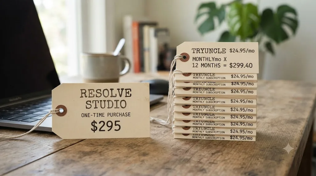Illustration comparing a one-time software price tag with a recurring monthly subscription price tag over a year