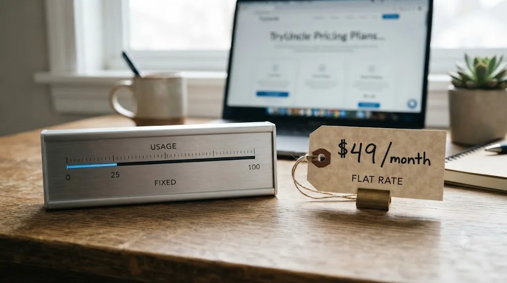 Illustration of a flat usage meter next to a single unchanging price tag, representing flat-rate pricing