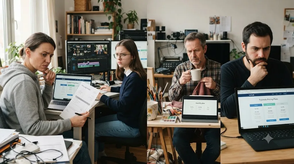 Illustration of several different editors each weighing whether to subscribe to an AI tutor based on their situation