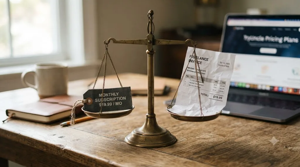 Illustration of a scale balancing a subscription price tag against a freelance invoice