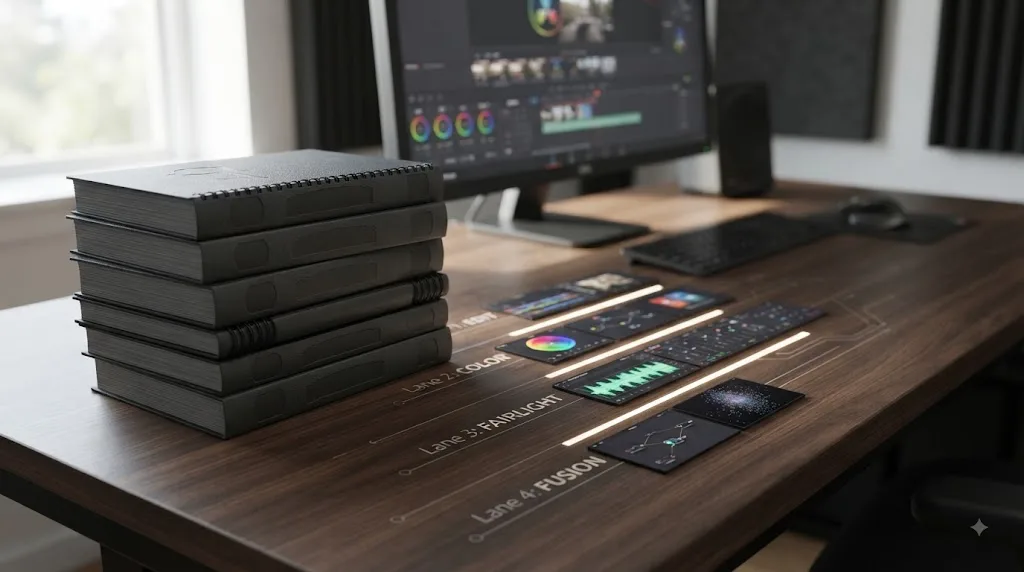Illustration of Blackmagic Design DaVinci Resolve training books and video learning tracks