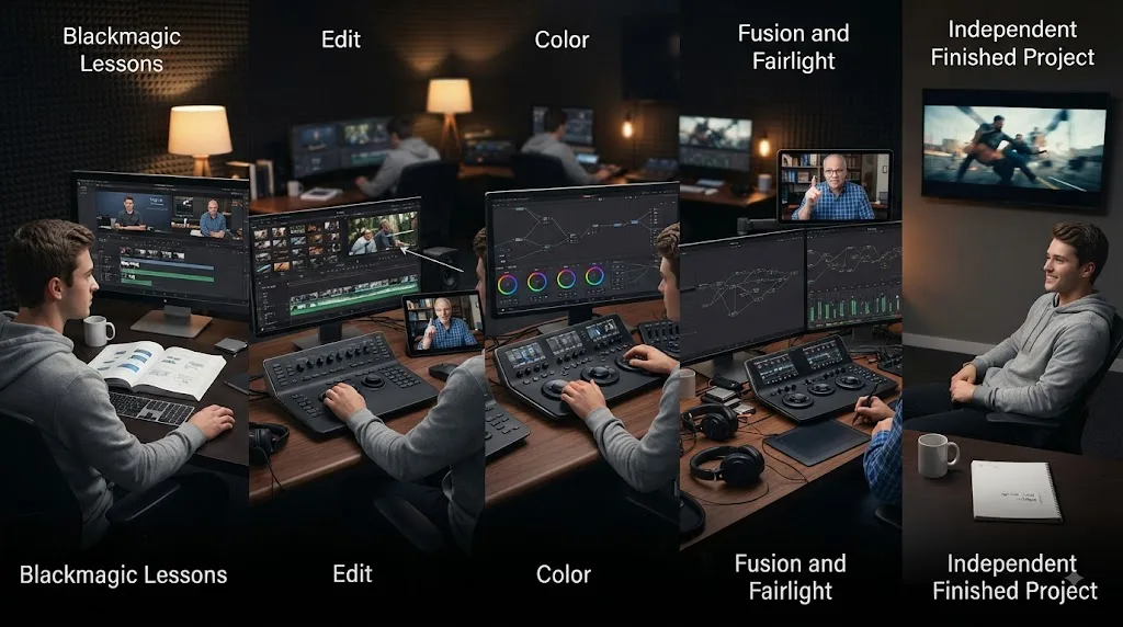 Illustration of a combined Blackmagic training and TryUncle learning workflow